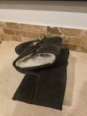 Emu Olive Suede Shearling Boots with Toggle